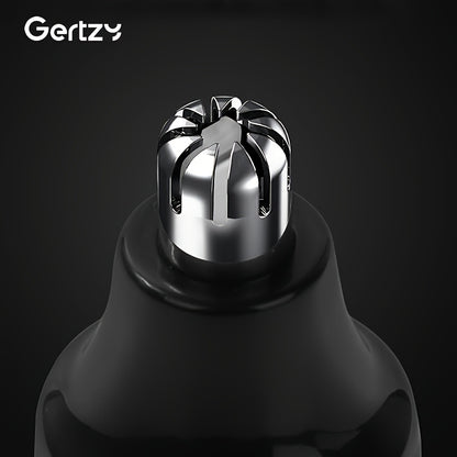 Close-up of a black and silver grooming tool with 'Gertzy' branding on a dark background
