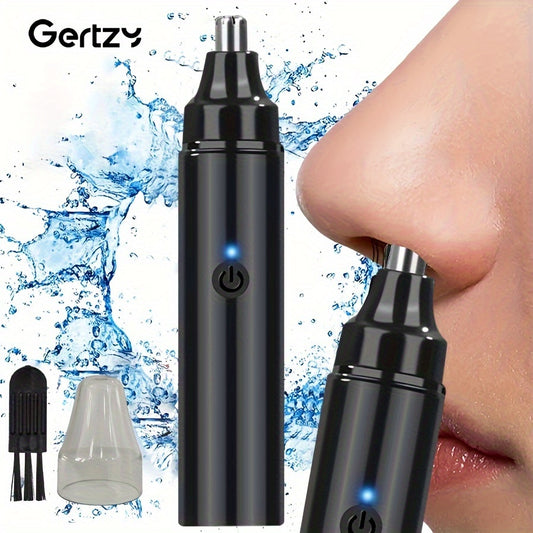 Black nose hair trimmer with accessories on a water splash background, featuring the brand 'Gertzy'.