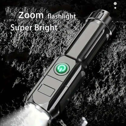 Super bright flashlight with zoom feature on a dark background