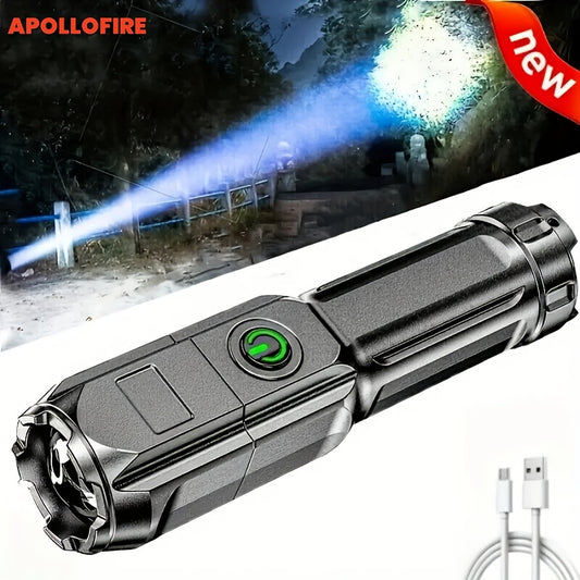 Black flashlight with USB cable on a dark background, featuring the brand 'ApolloFire'.