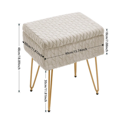 Beige ottoman with quilted design and gold legs, shown with dimensions on a white background.