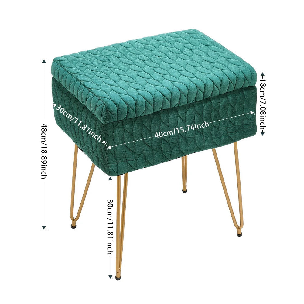 Green quilted ottoman with gold legs and dimensions displayed