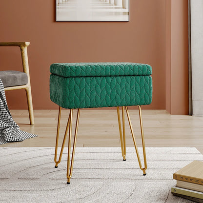 Green quilted stool with gold legs in a room setting