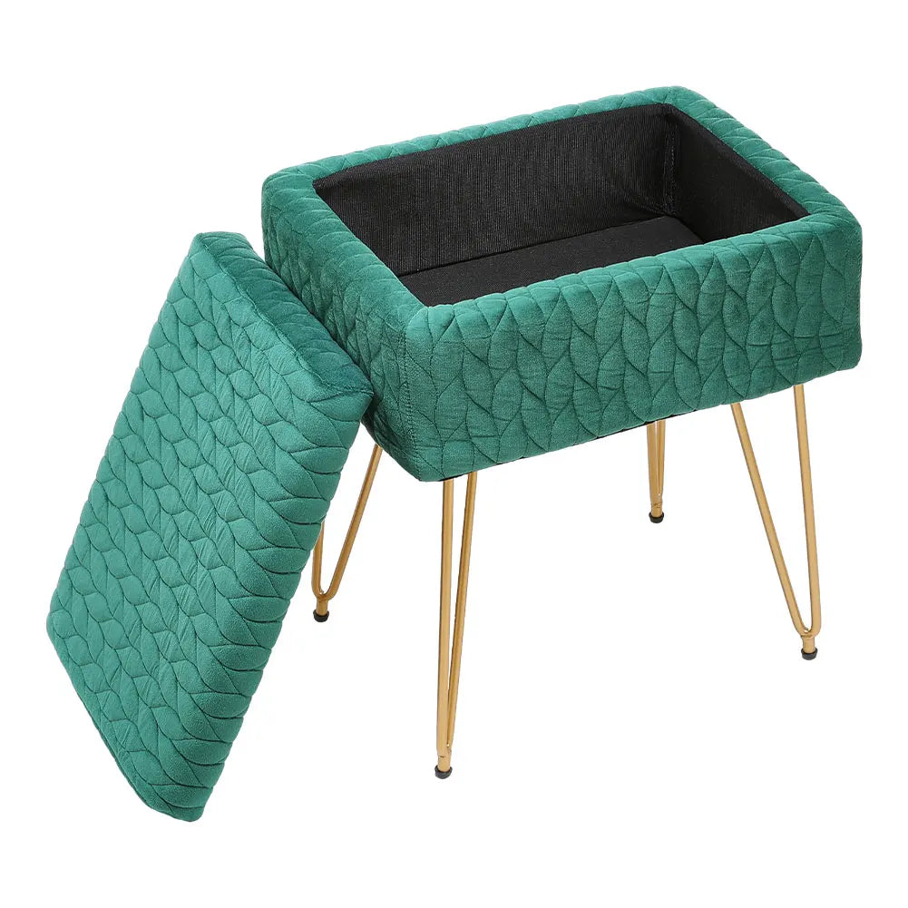 Green quilted storage bench with gold legs on a white background