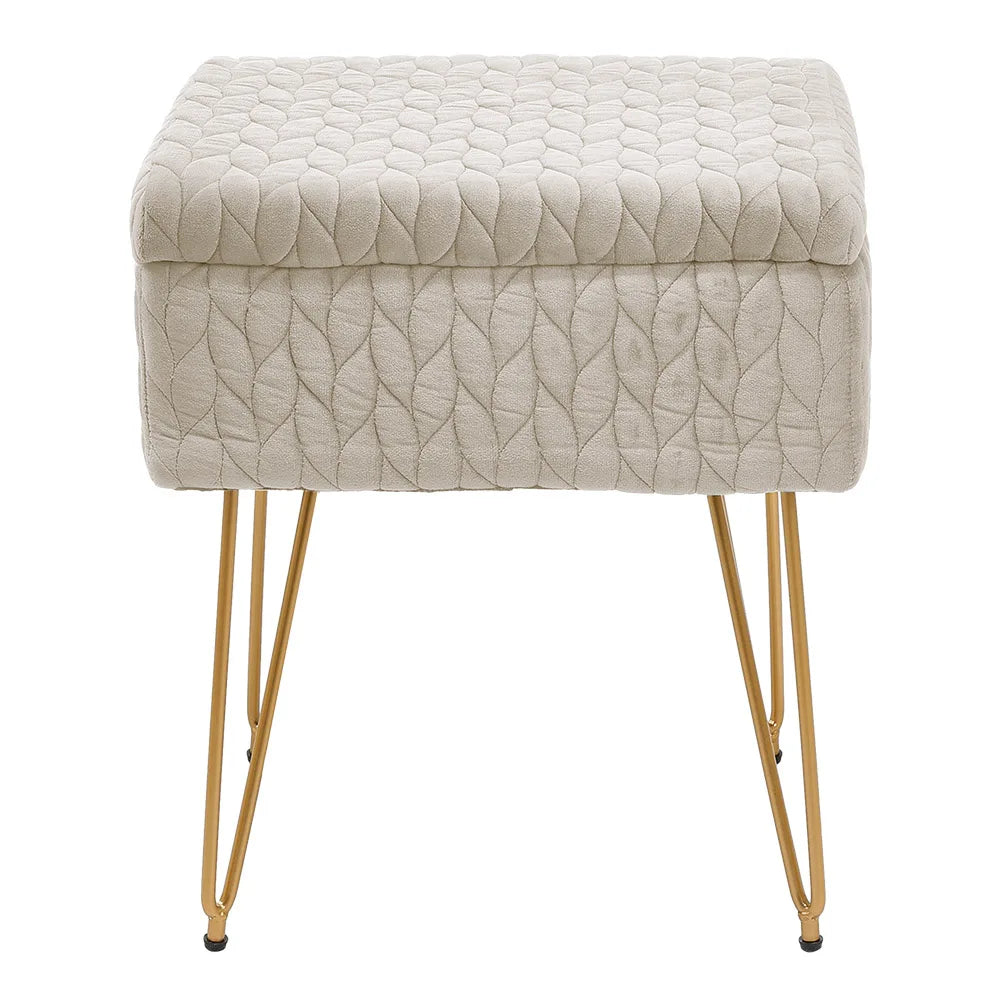 Beige quilted stool with wooden legs on a white background
