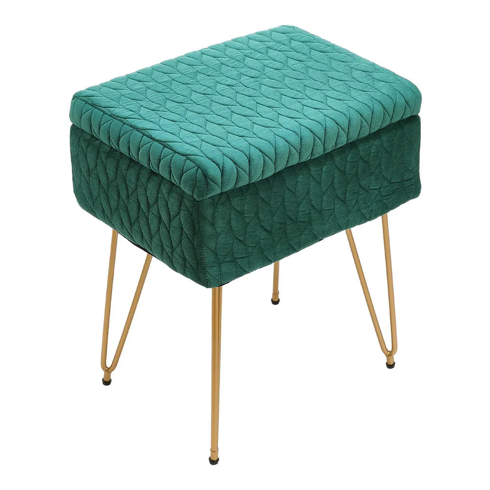 Green textured ottoman with gold legs on a white background
