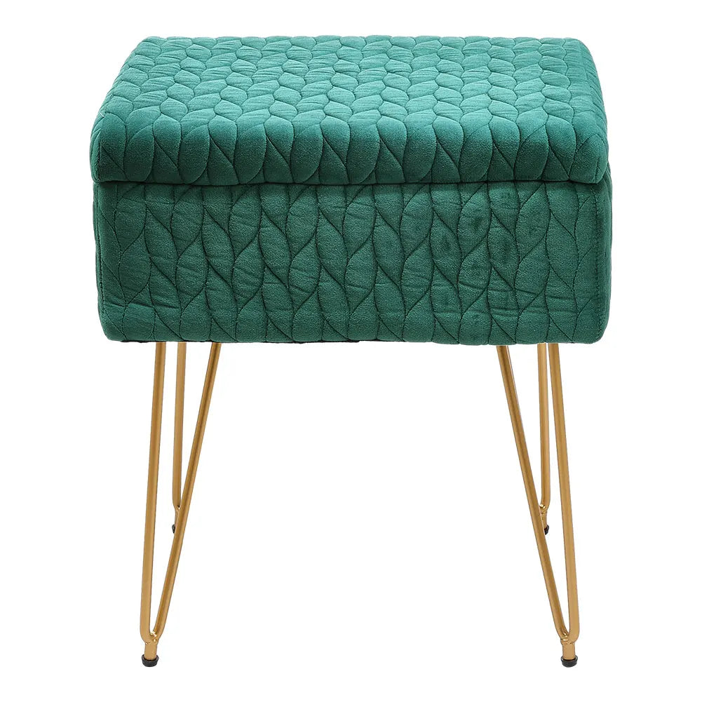 Green textured ottoman with wooden legs on a white background