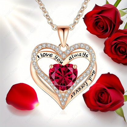 Heart-shaped necklace with red gem and 'I love you always and forever' engraving, surrounded by red roses.