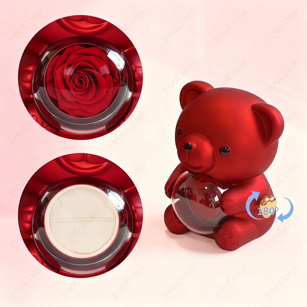 Red teddy bear-shaped container with a rose inside on a pink background