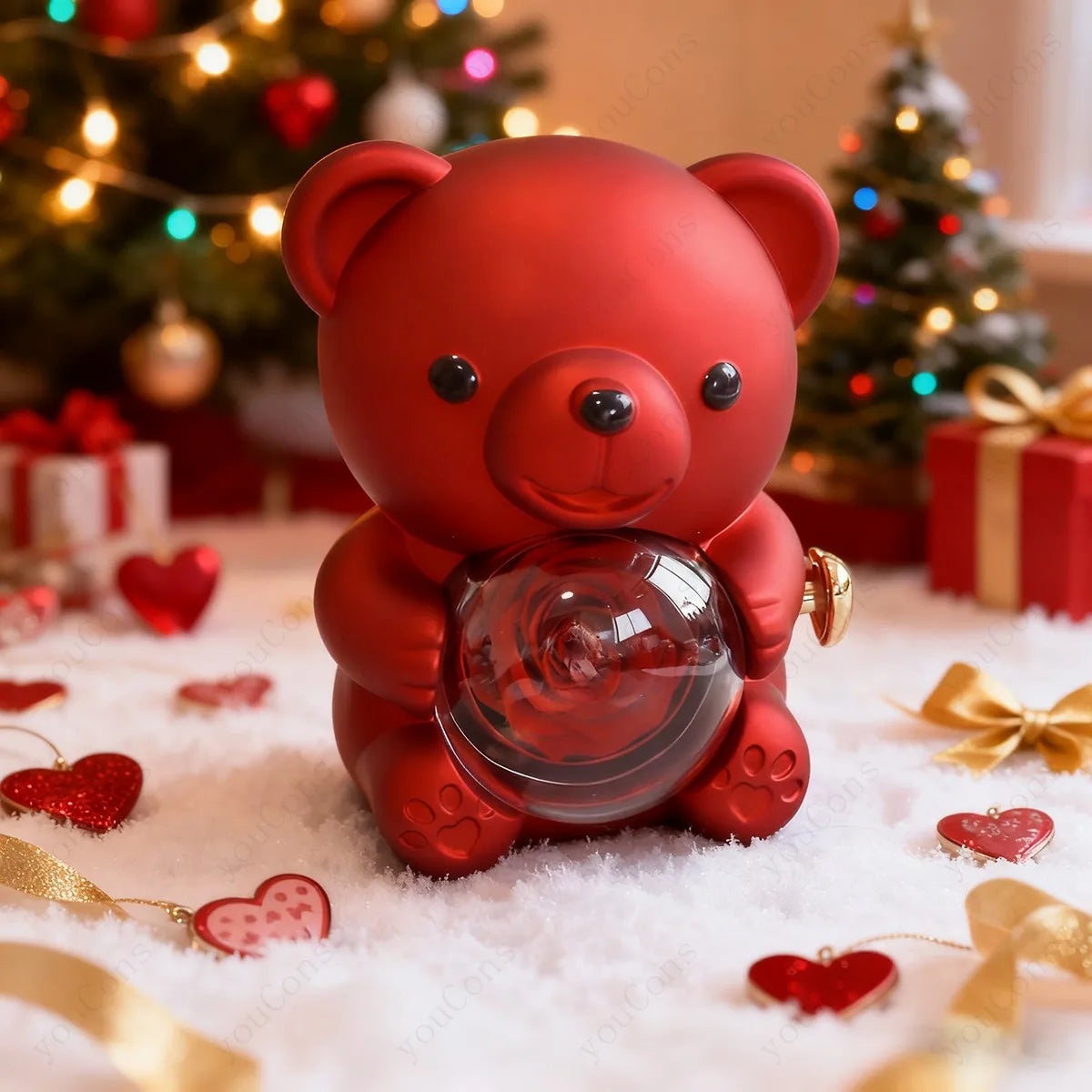 Red teddy bear with a crystal ball in a festive setting with Christmas trees and presents.