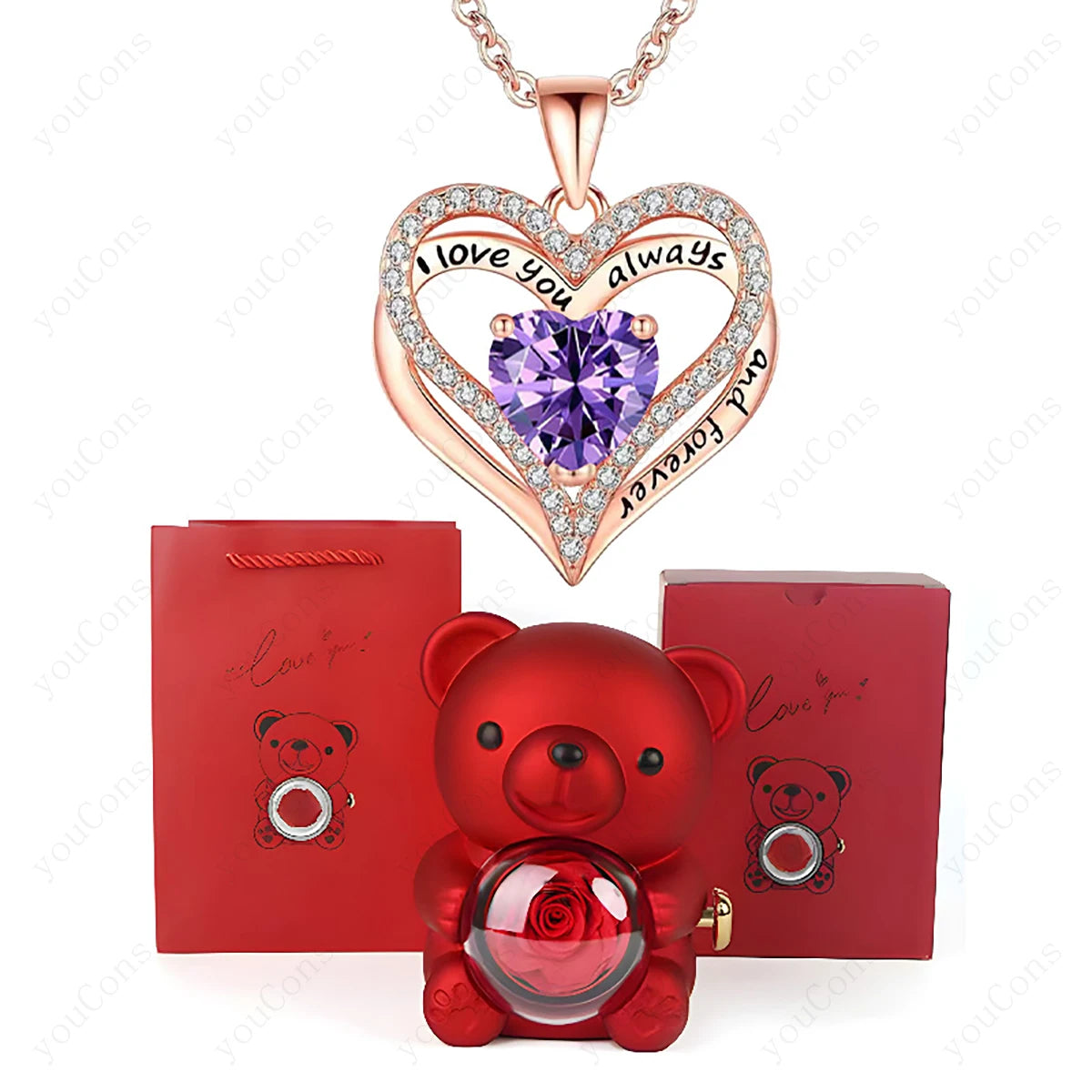 Heart-shaped necklace with purple gem and rose gold border, red teddy bear with crystal ball, and red box on white background