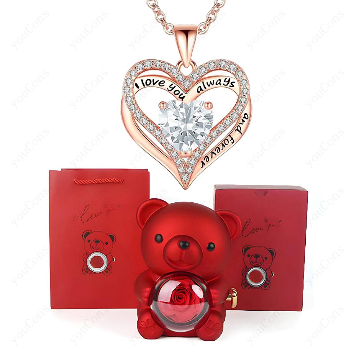 Heart-shaped necklace with rose gold border and red teddy bear with rose inside, on a white background.