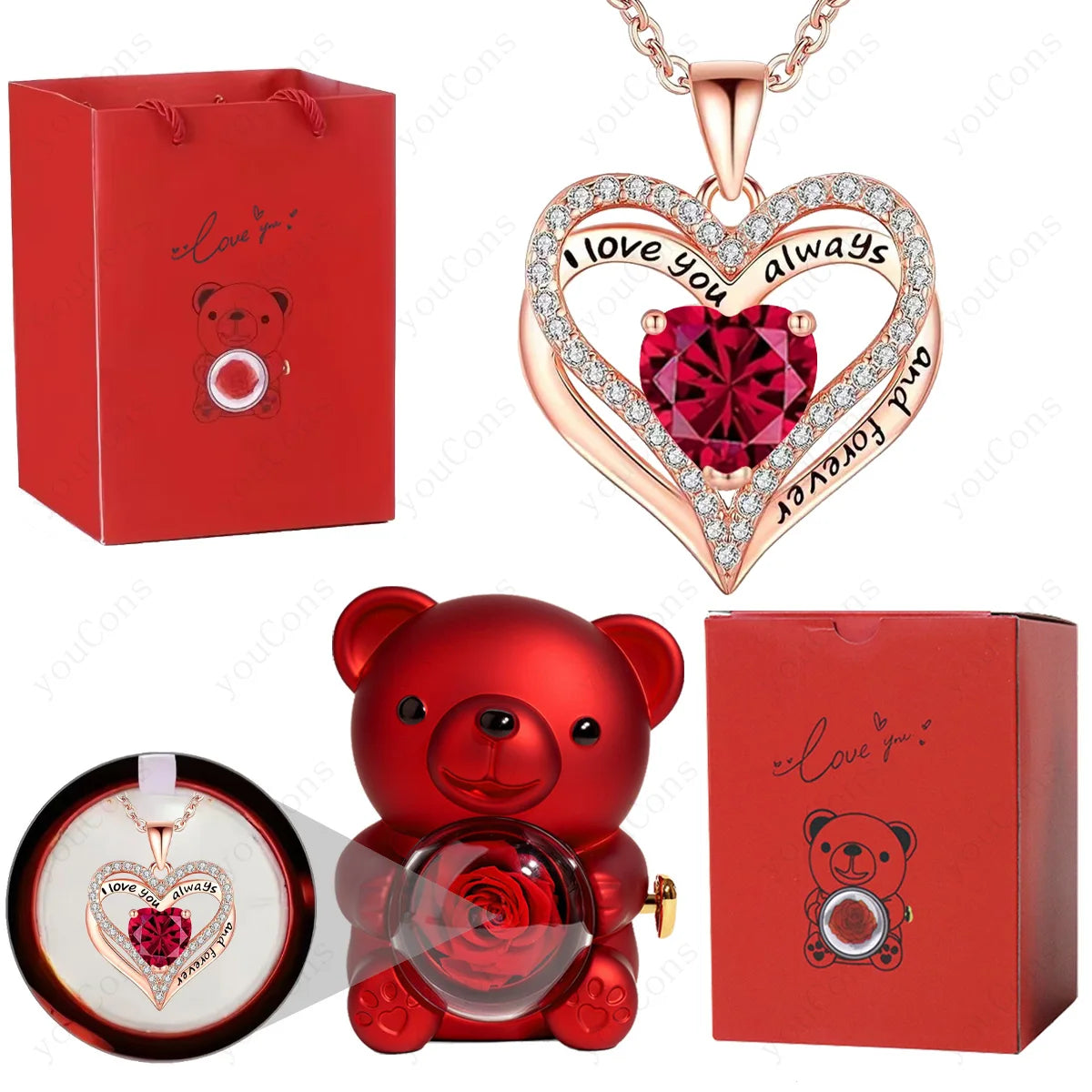 Heart-shaped necklace with red gem, red teddy bear, and red gift box on a white background
