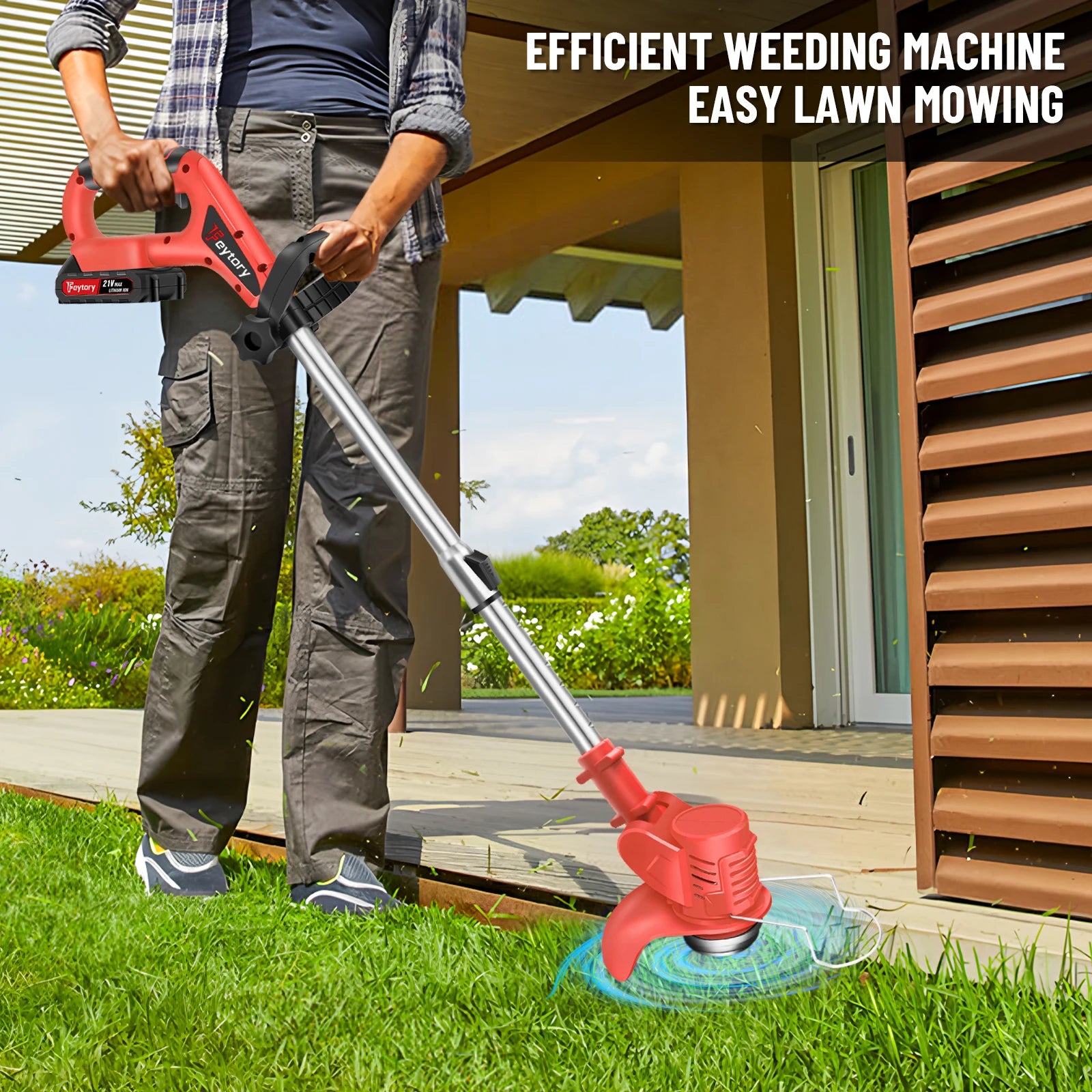 Person using a red weed wacker in a garden with text 'Efficient Weeding Machine Easy Lawn Mowing'.