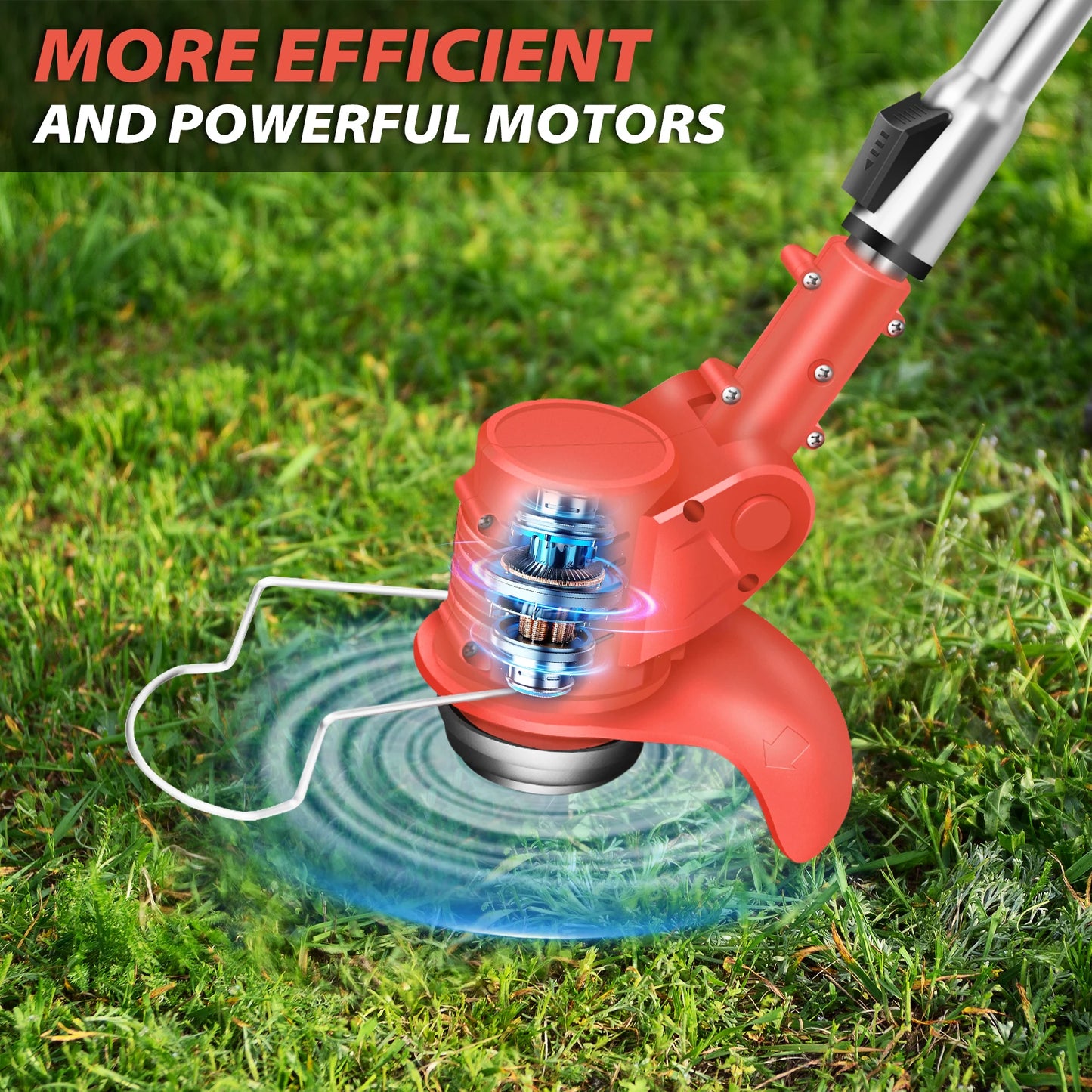 Red lawn mower on grass with text 'More Efficient and Powerful Motors' above.