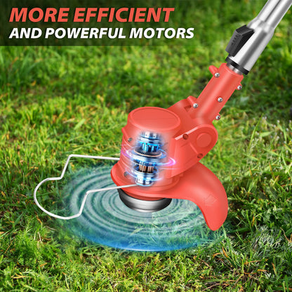 Red lawn mower on grass with text 'More Efficient and Powerful Motors' above.