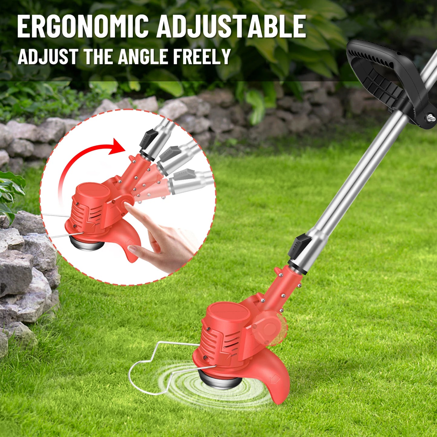 Red garden trimmer on grass with ergonomic adjustable feature highlighted