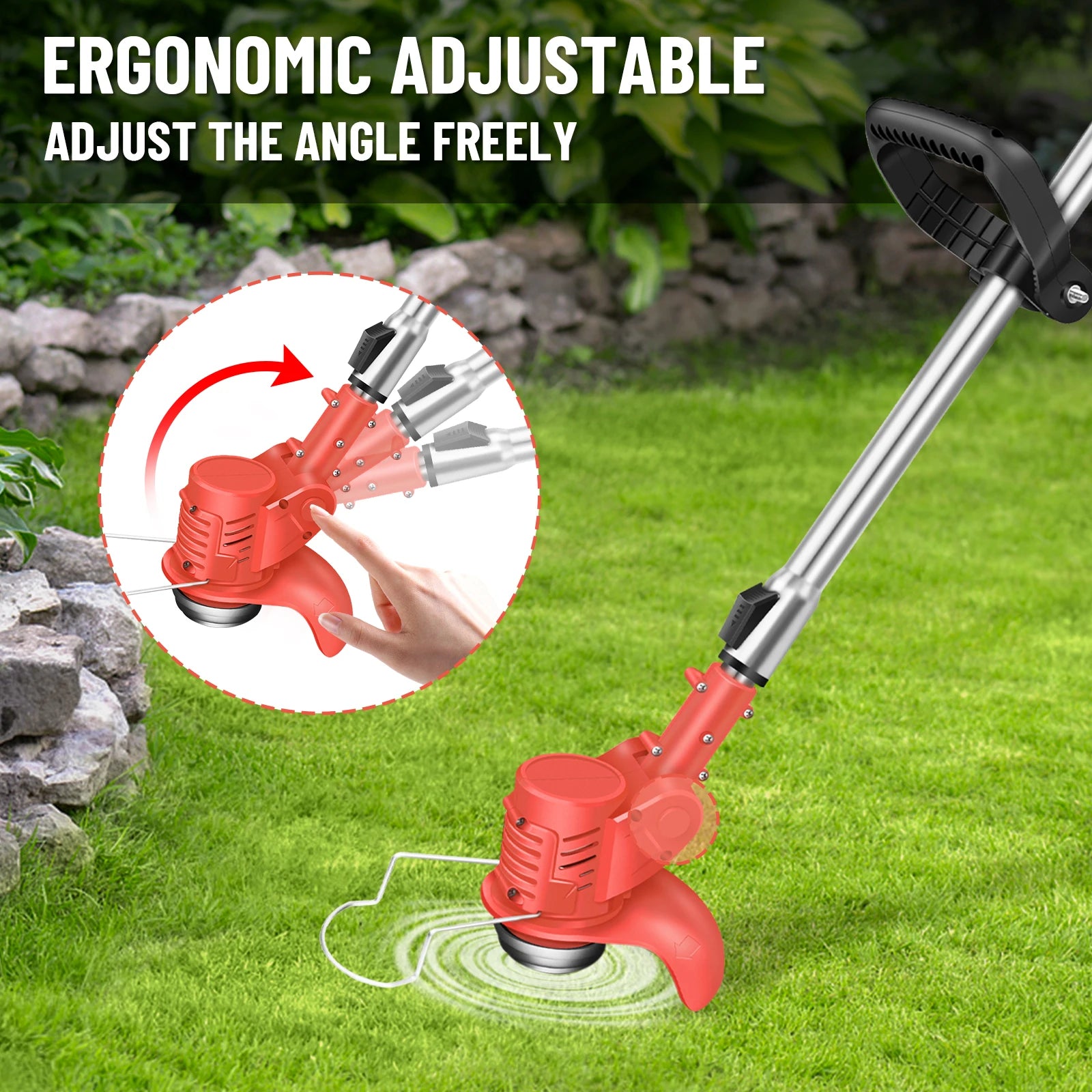 Red garden trimmer on grass with ergonomic adjustable feature highlighted