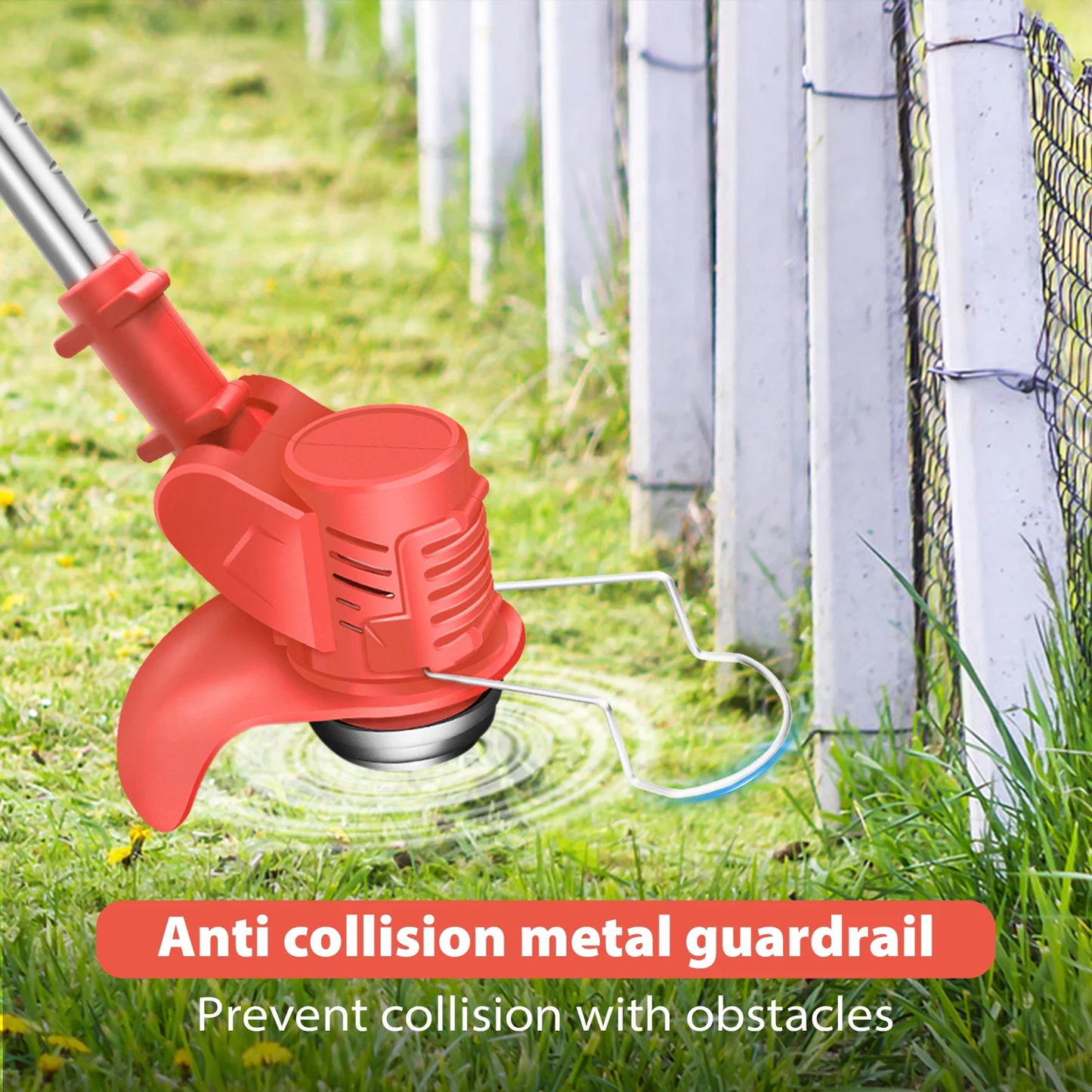 Red lawn mower attachment with anti-collision metal guardrail on grass