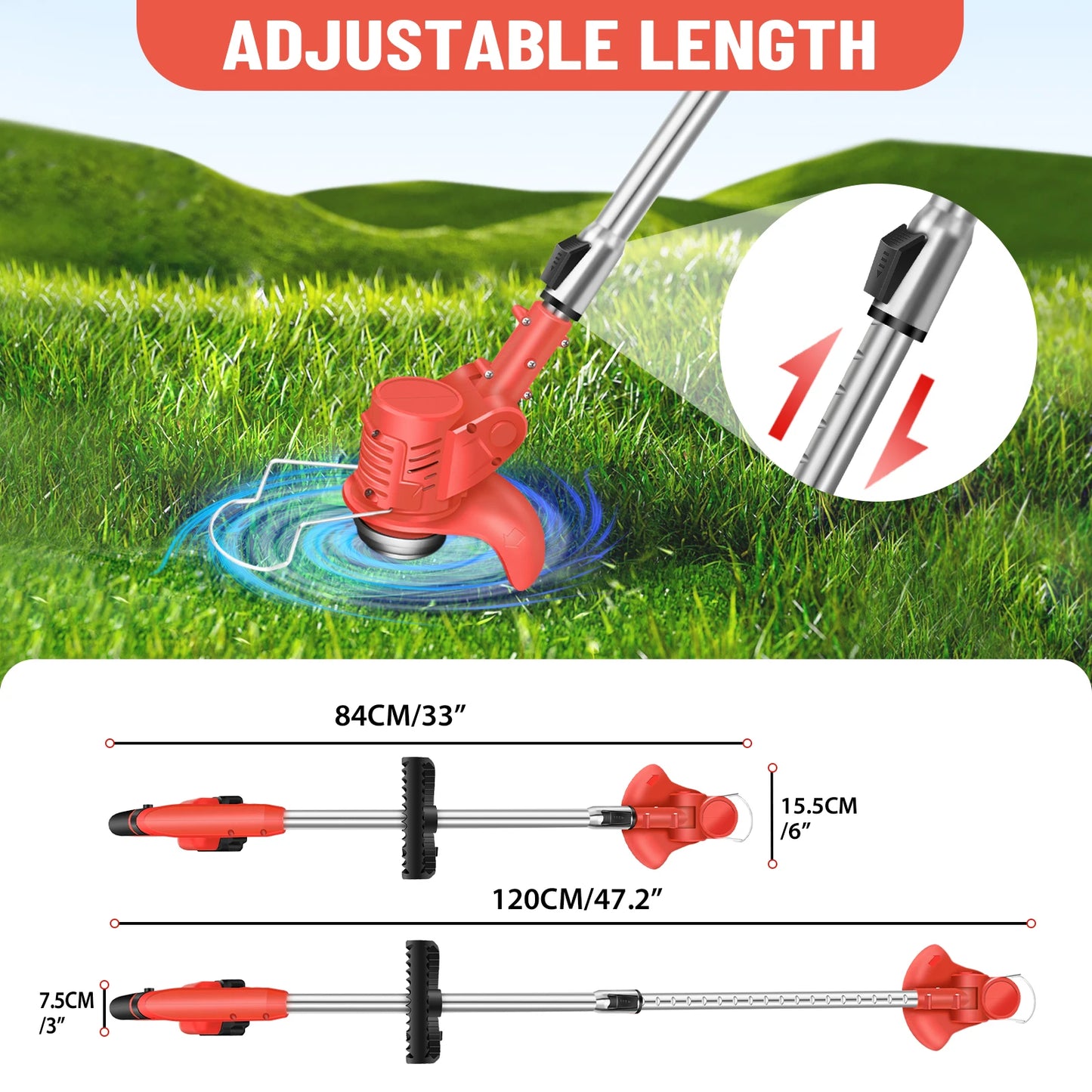 Gardening tool with adjustable length on a grassy background