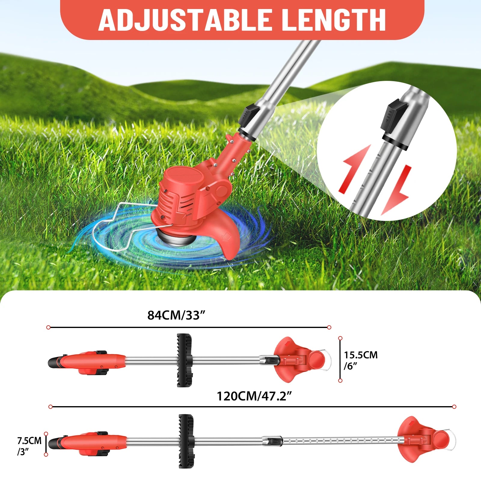 Gardening tool with adjustable length on a grassy background