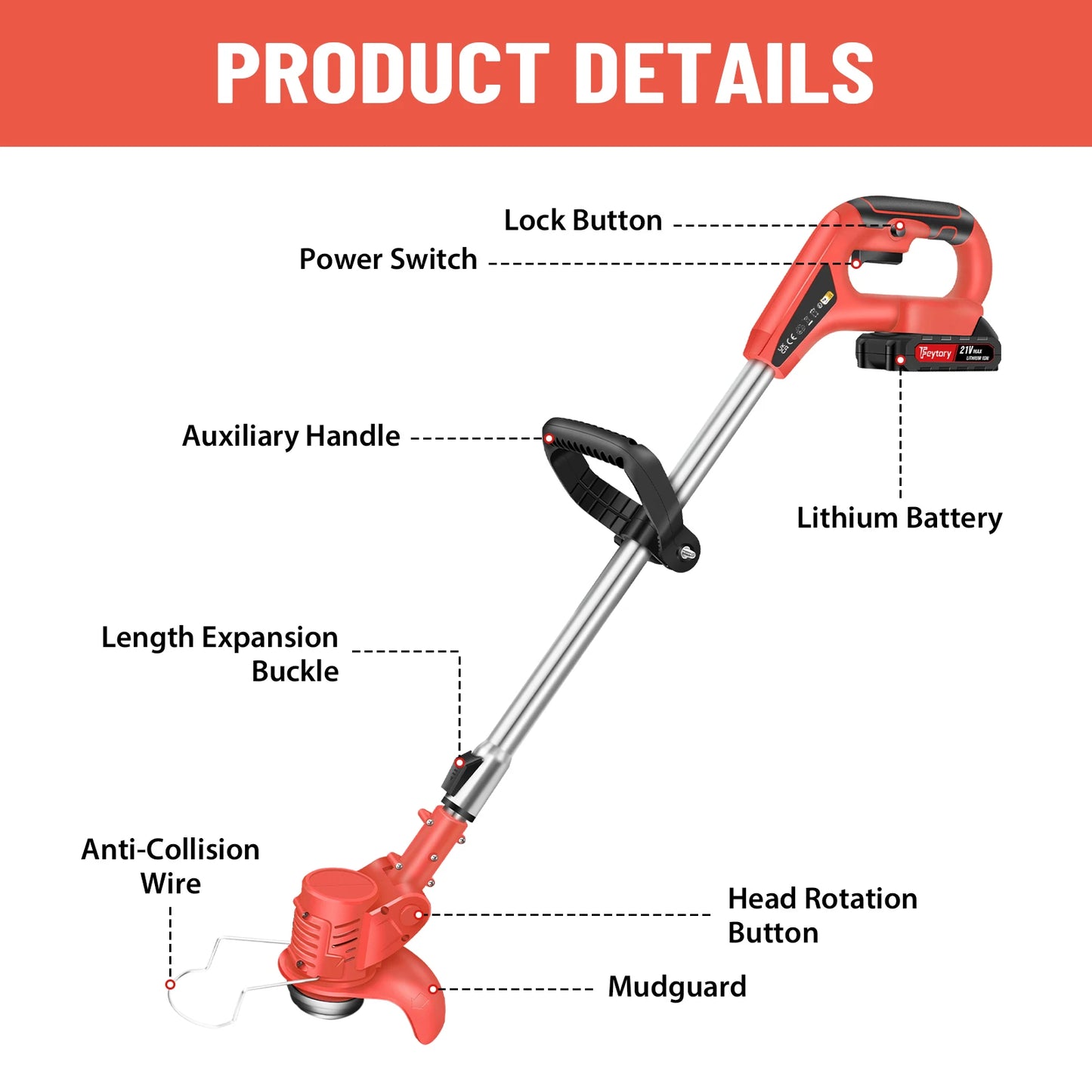 Red string trimmer with labeled parts on a white background