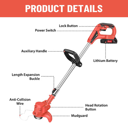 Red string trimmer with labeled parts on a white background
