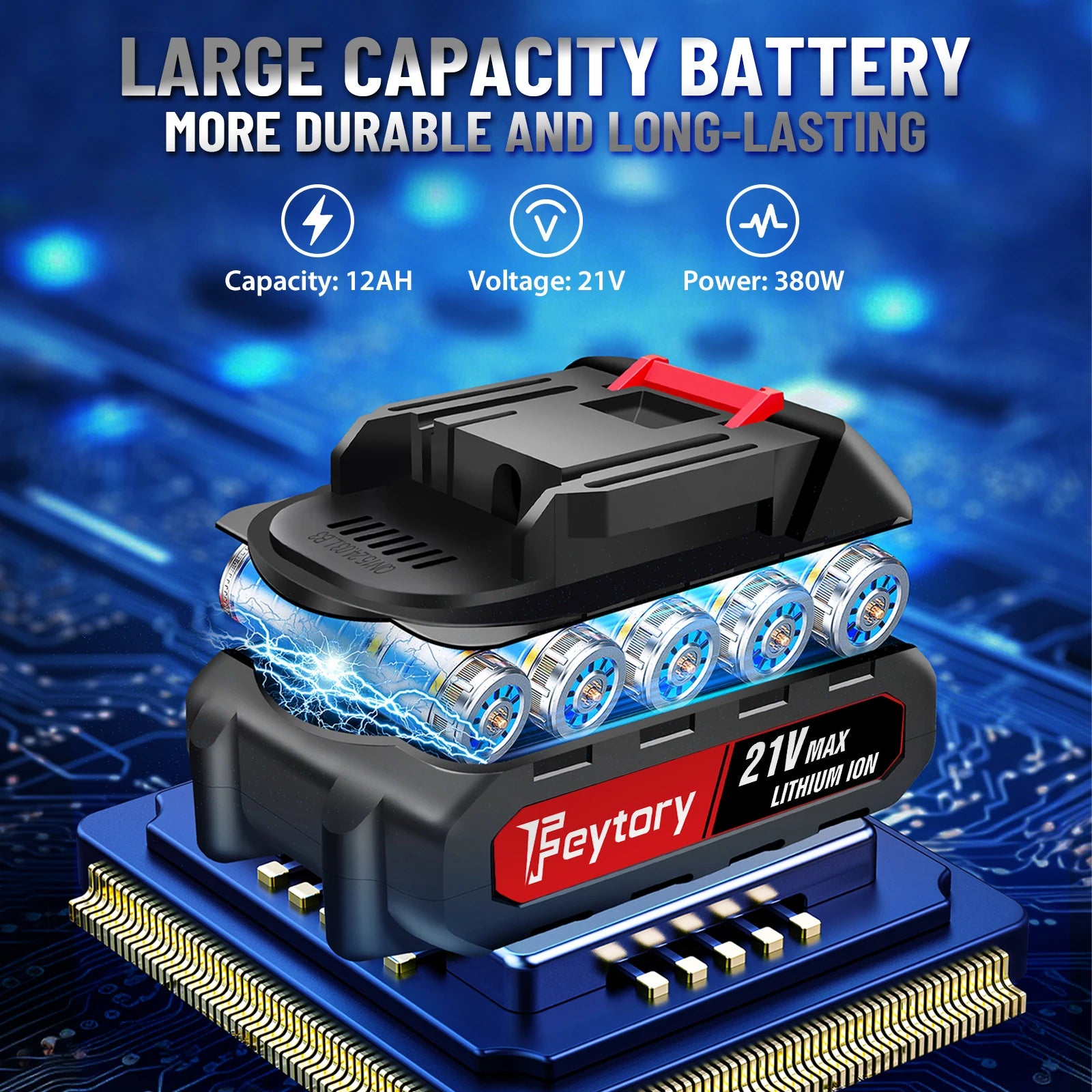Feytory lithium-ion battery pack with specifications on a blue circuit board background