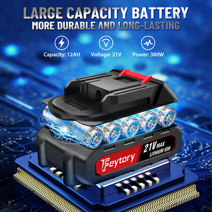 Feytory lithium-ion battery pack with specifications on a blue circuit board background