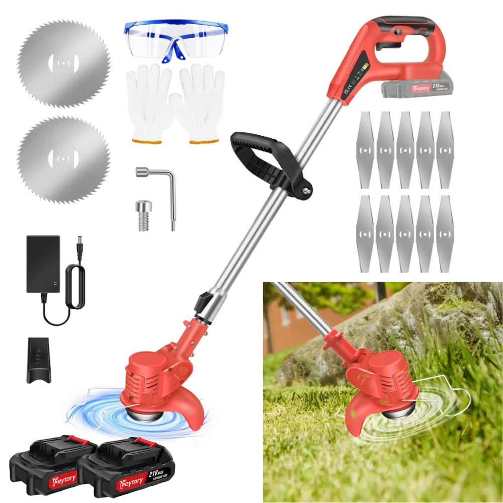 Gardening tool set with trimmer, blades, gloves, goggles, and batteries on a white background.