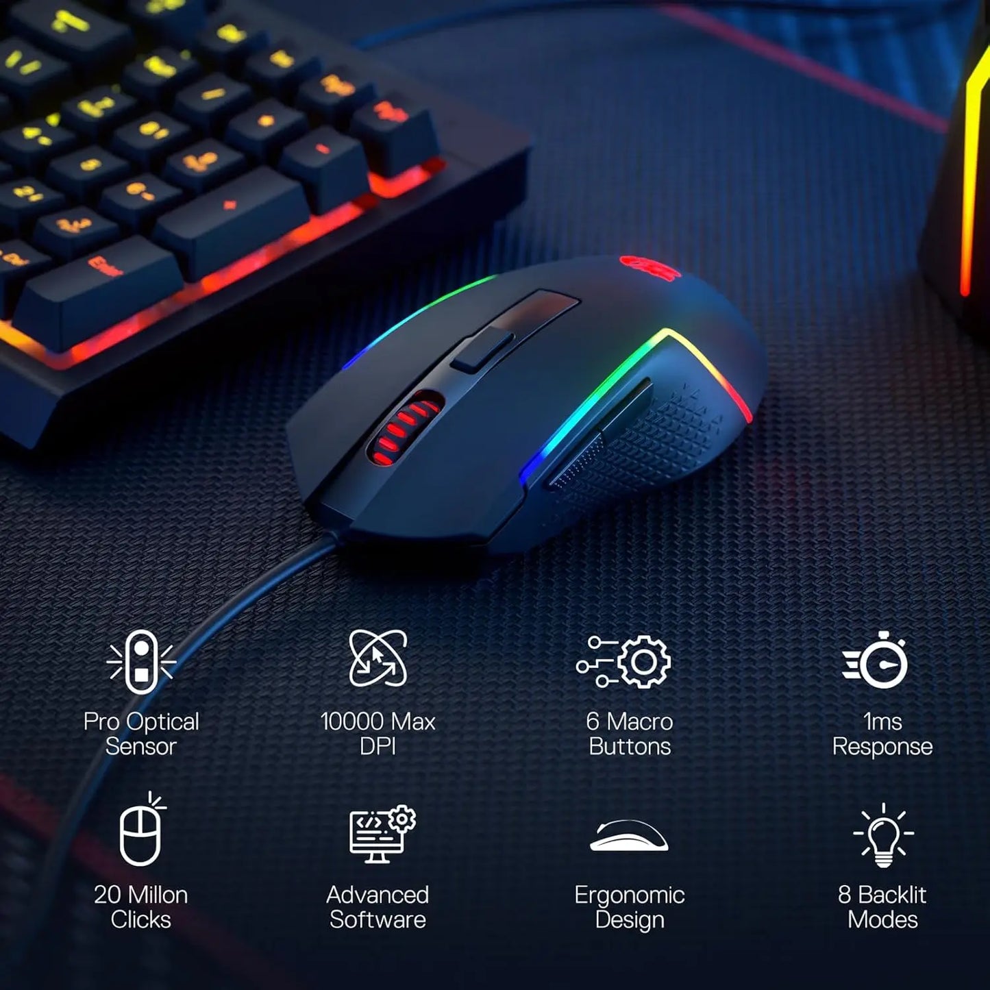 Gaming mouse with RGB lighting on a dark surface, accompanied by a keyboard, with feature icons displayed.