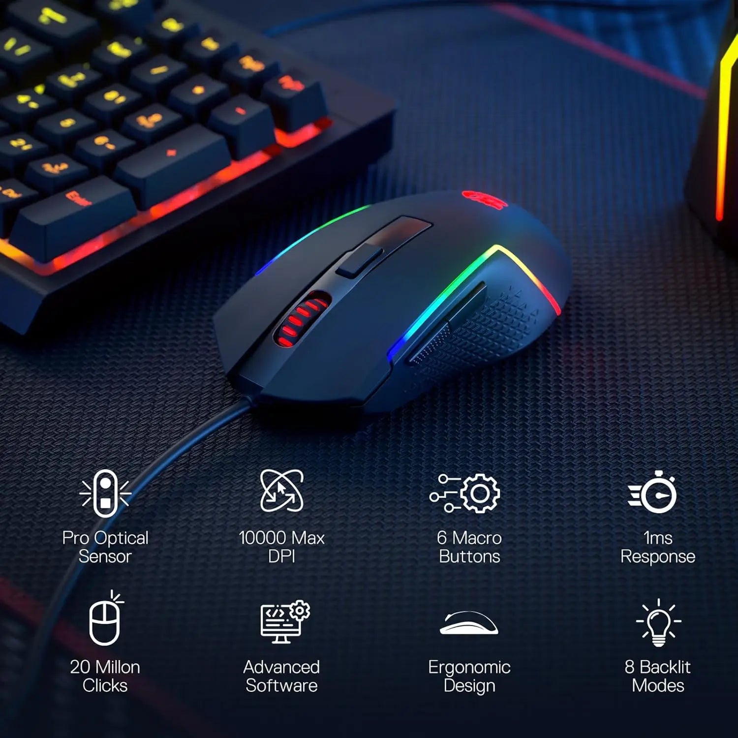 Gaming mouse with RGB lighting on a dark surface, accompanied by a keyboard, with feature icons displayed.