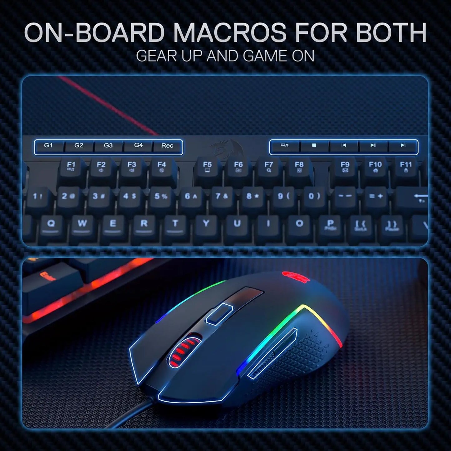 Gaming keyboard and mouse set with on-board macros on a dark background