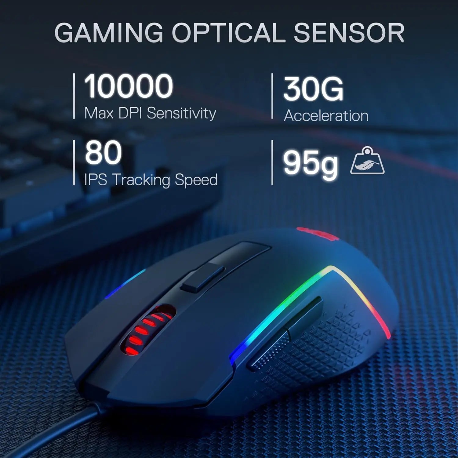 Gaming mouse with specifications on a blue background
