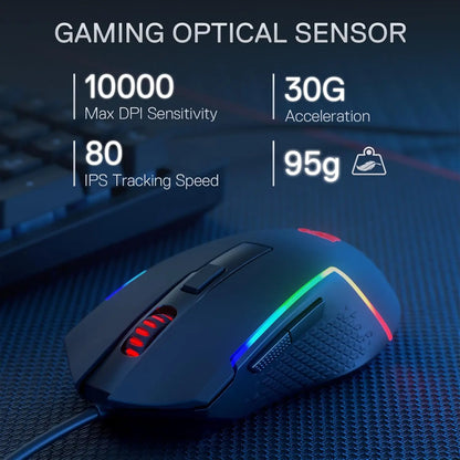 Gaming mouse with specifications on a blue background