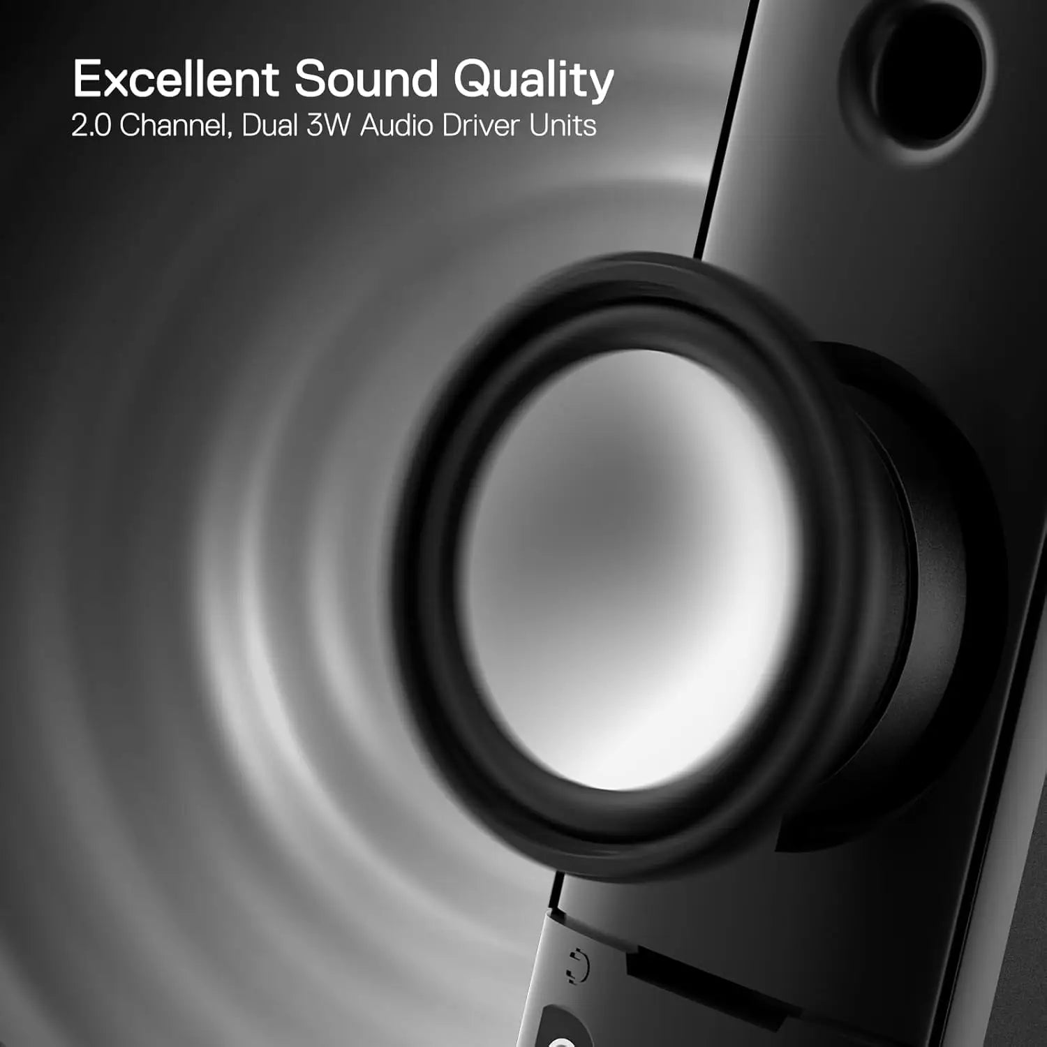 Close-up of a speaker driver unit with text about sound quality and specifications.