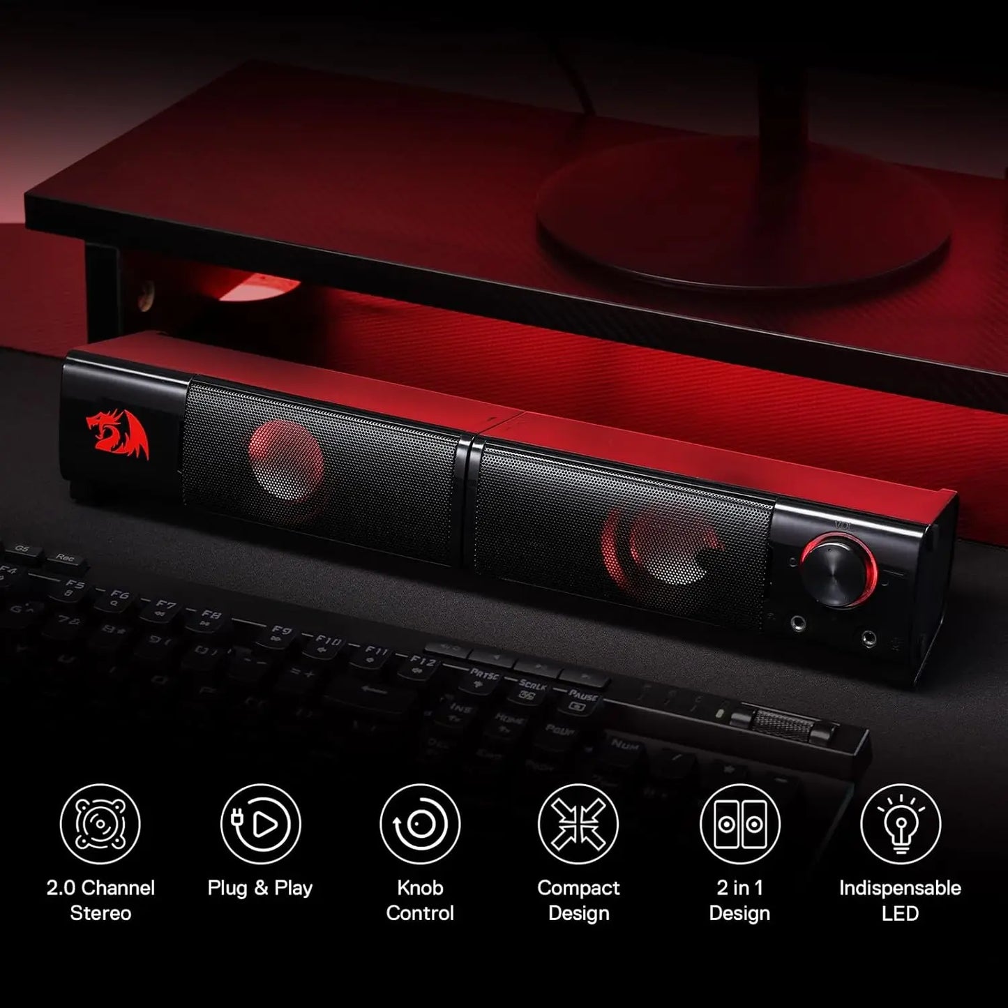 Black and red soundbar on a dark surface with product features displayed below.