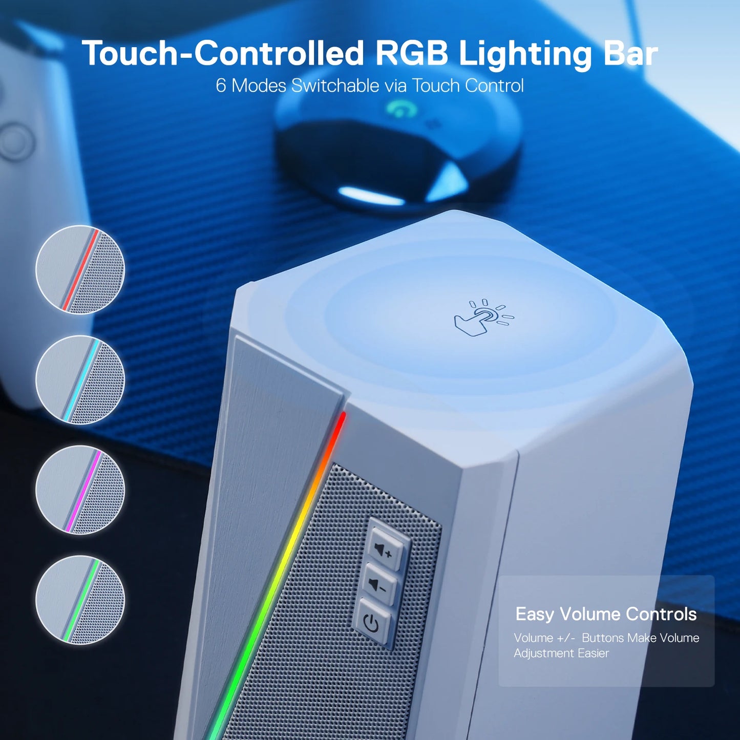 Touch-controlled RGB lighting bar with control panel and colorful lights on a blue background