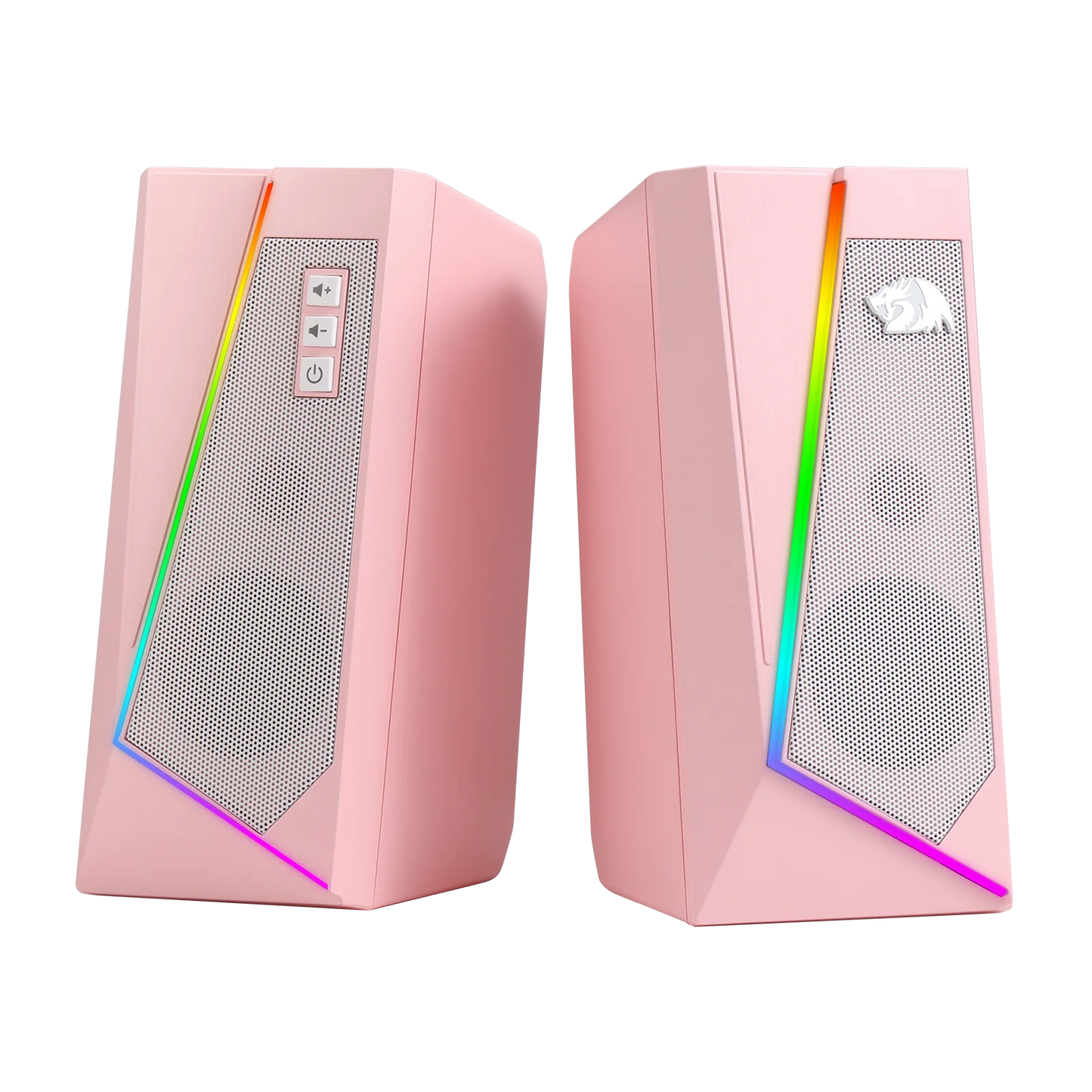 Pink computer speakers with RGB lighting on a white background