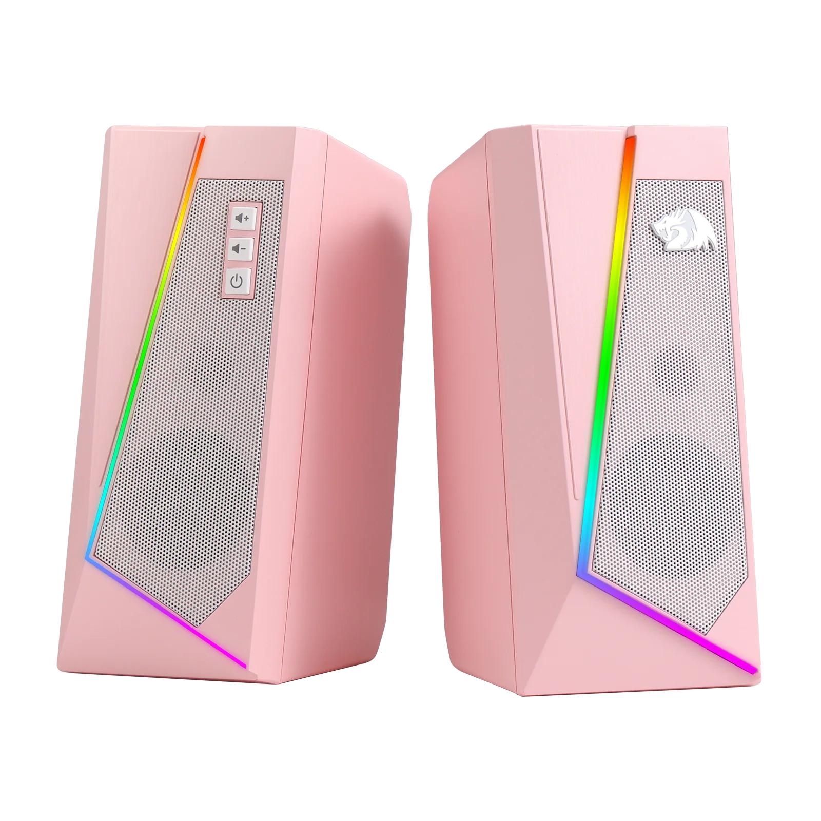 Pink computer speakers with RGB lighting on a white background