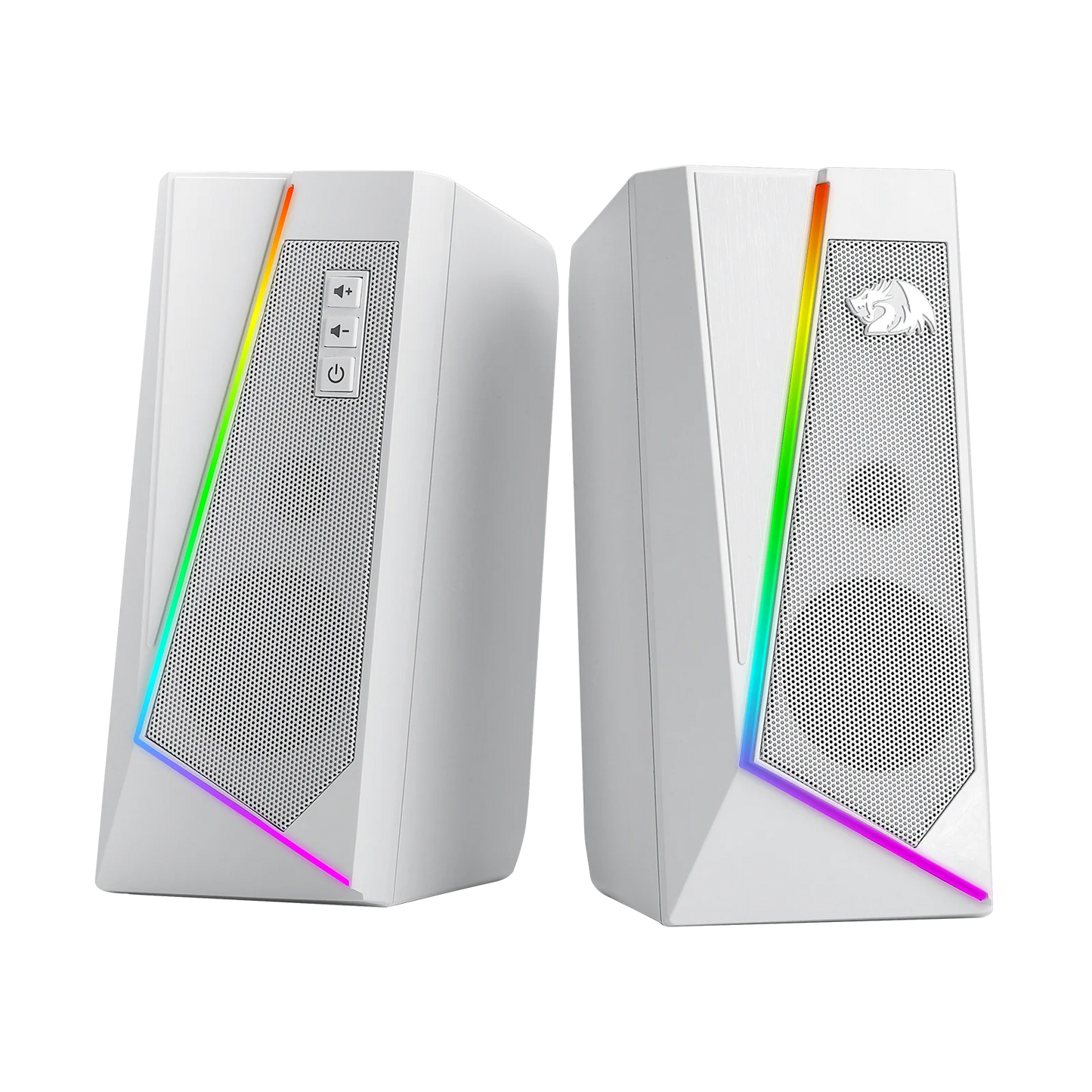 White computer speakers with RGB lighting on a white background
