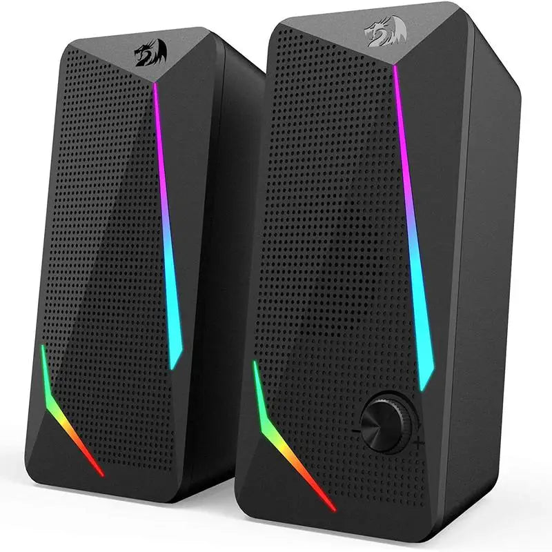 Pair of black gaming speakers with RGB lighting on a white background