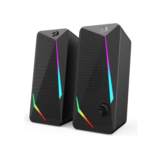 Pair of black RGB speakers on a white background