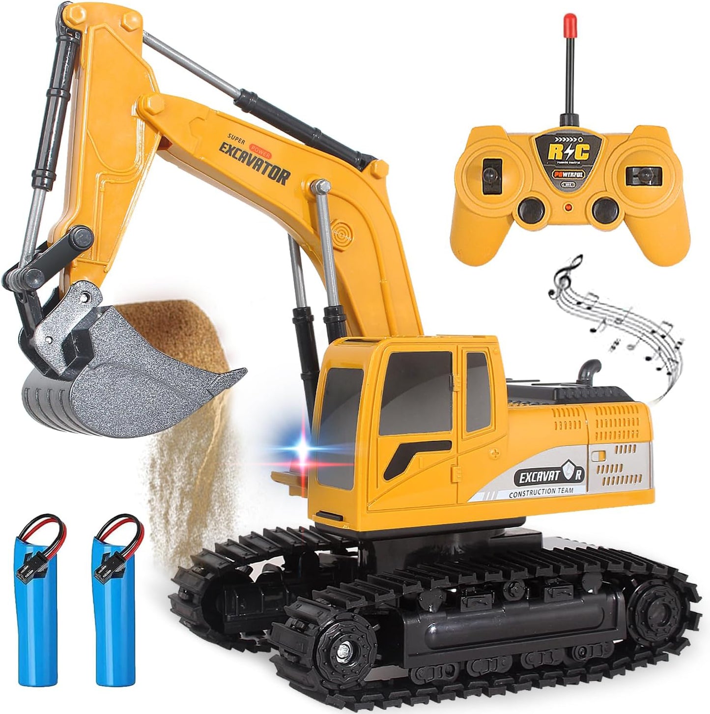 Toy excavator with remote control, batteries, and sand on a white background