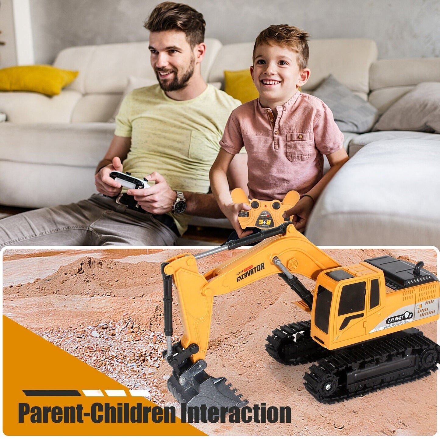 Man and child playing with a toy excavator in a living room.