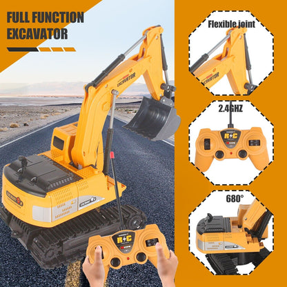 Toy excavator with remote control on a road, showing features like flexible joint and 2.4GHz transmission.