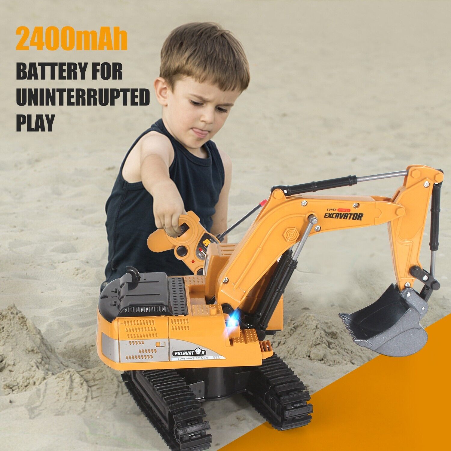 Child playing with a toy excavator on sand, with text about battery life.