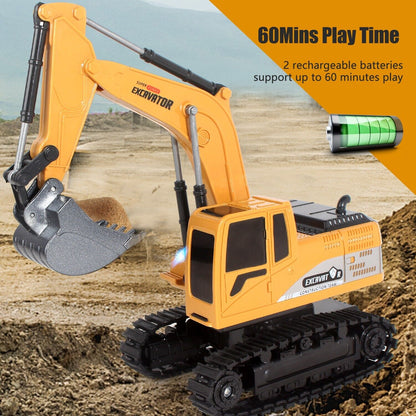 Toy excavator with rechargeable batteries on a construction site background