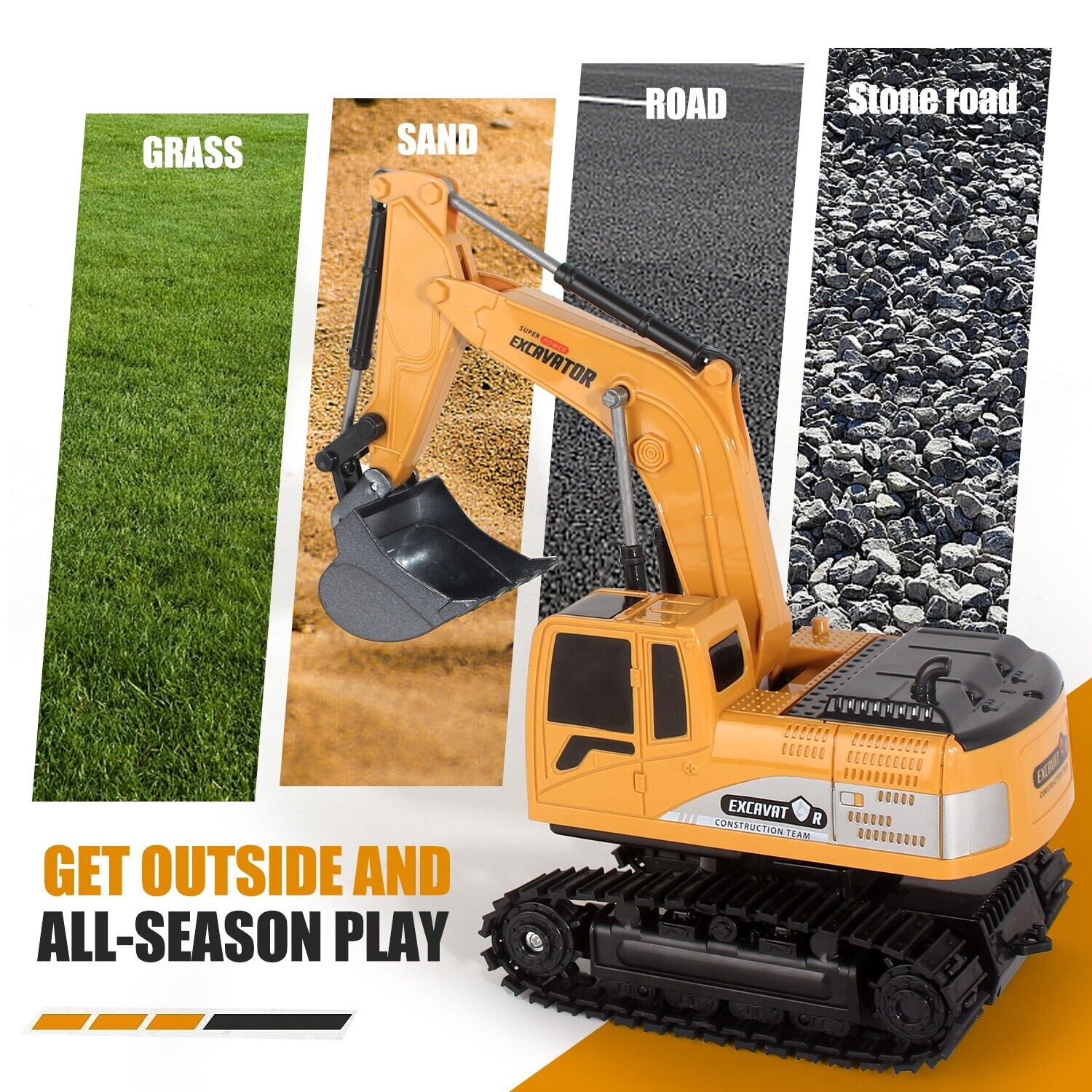 Toy excavator with images of grass, sand, road, and stone road below it.