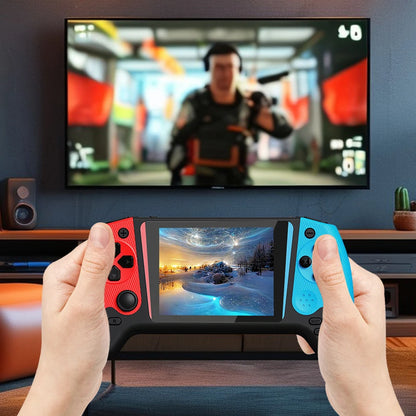 Person playing a handheld gaming device with a TV displaying a video game in the background.